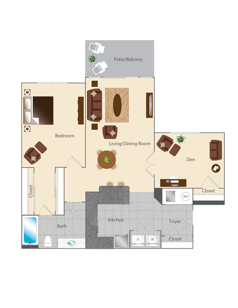 Floor plan for 1 bed, 1 bath, 900 sqft